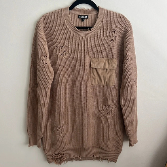 SER.O.YA Devin 100% Cotton Distressed sweater dress tan S - Picture 6 of 11